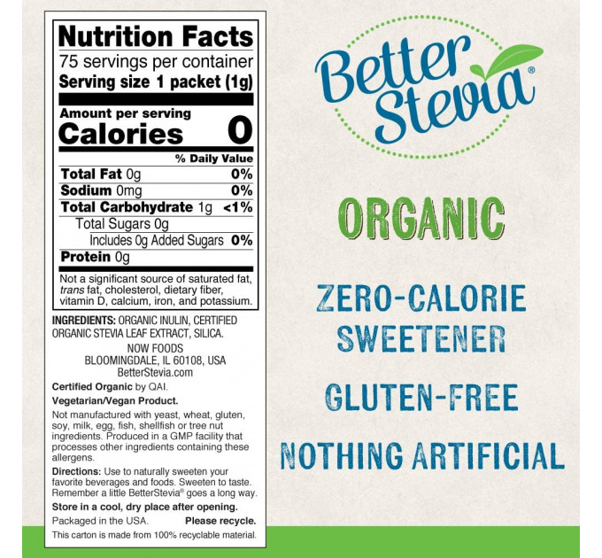 NOW Foods Better Stevia Organic, Zero-Calorie Sweetener, Non-GMO, Gluten-Free, Натуральний підсолоджувач 75 пакетів (по 1 г кожен)